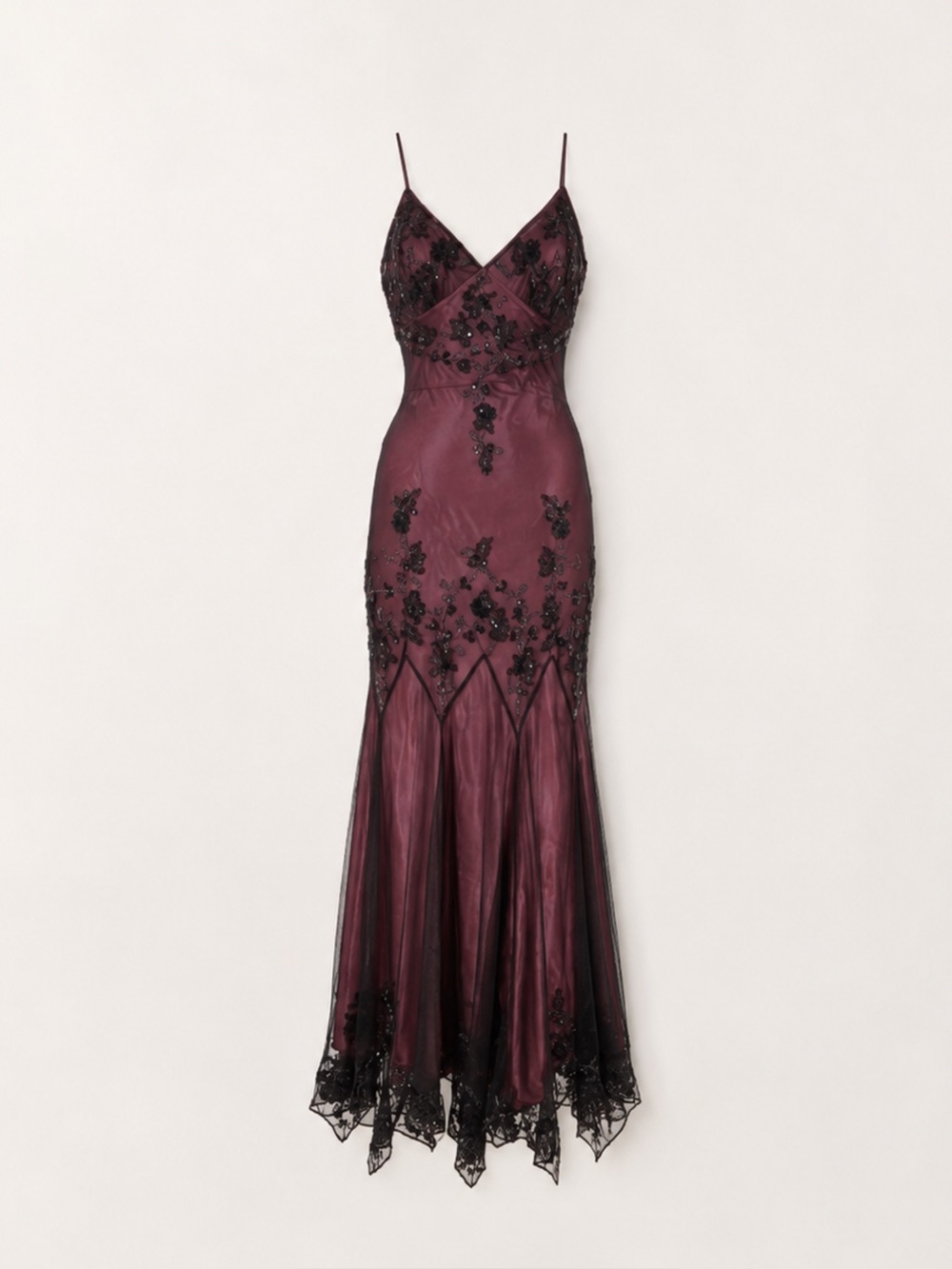 Vintage Papell Boutique Evening Size 6 Burgundy Black Beaded Lace Silk Maxi Dres